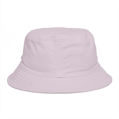 Design by Cazzo white bucket hat with a purple shark graphic.
