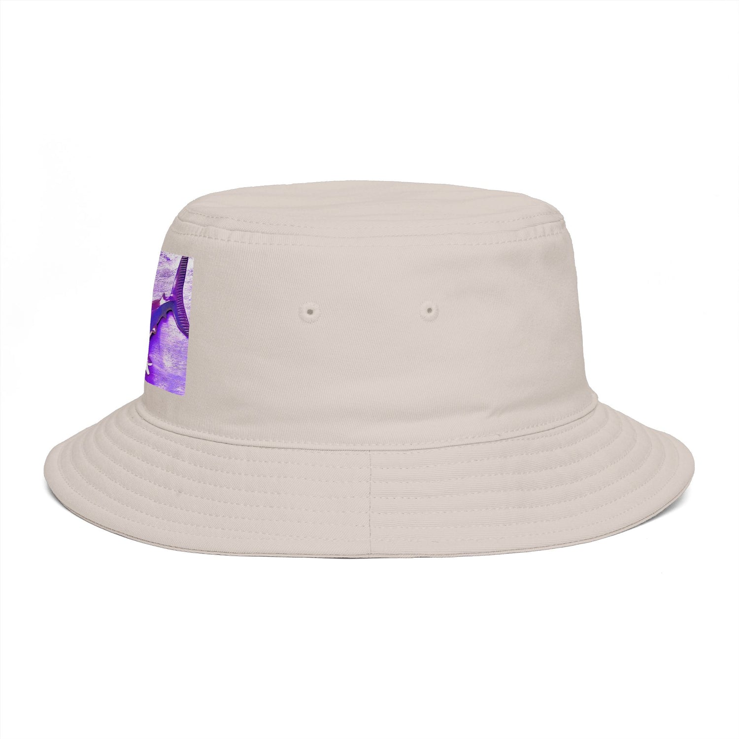 Design by Cazzo white bucket hat with a purple shark graphic.
