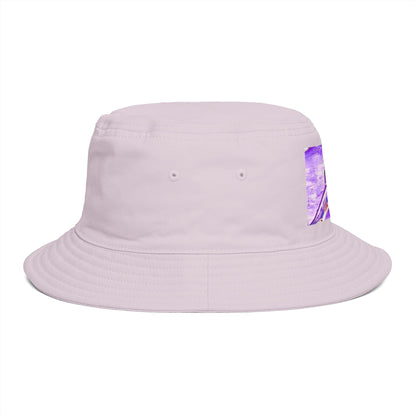Design by Cazzo white bucket hat with a purple shark graphic.
