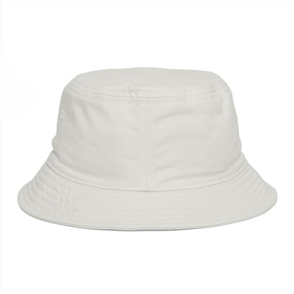 Design by Cazzo white bucket hat with a purple shark graphic.
