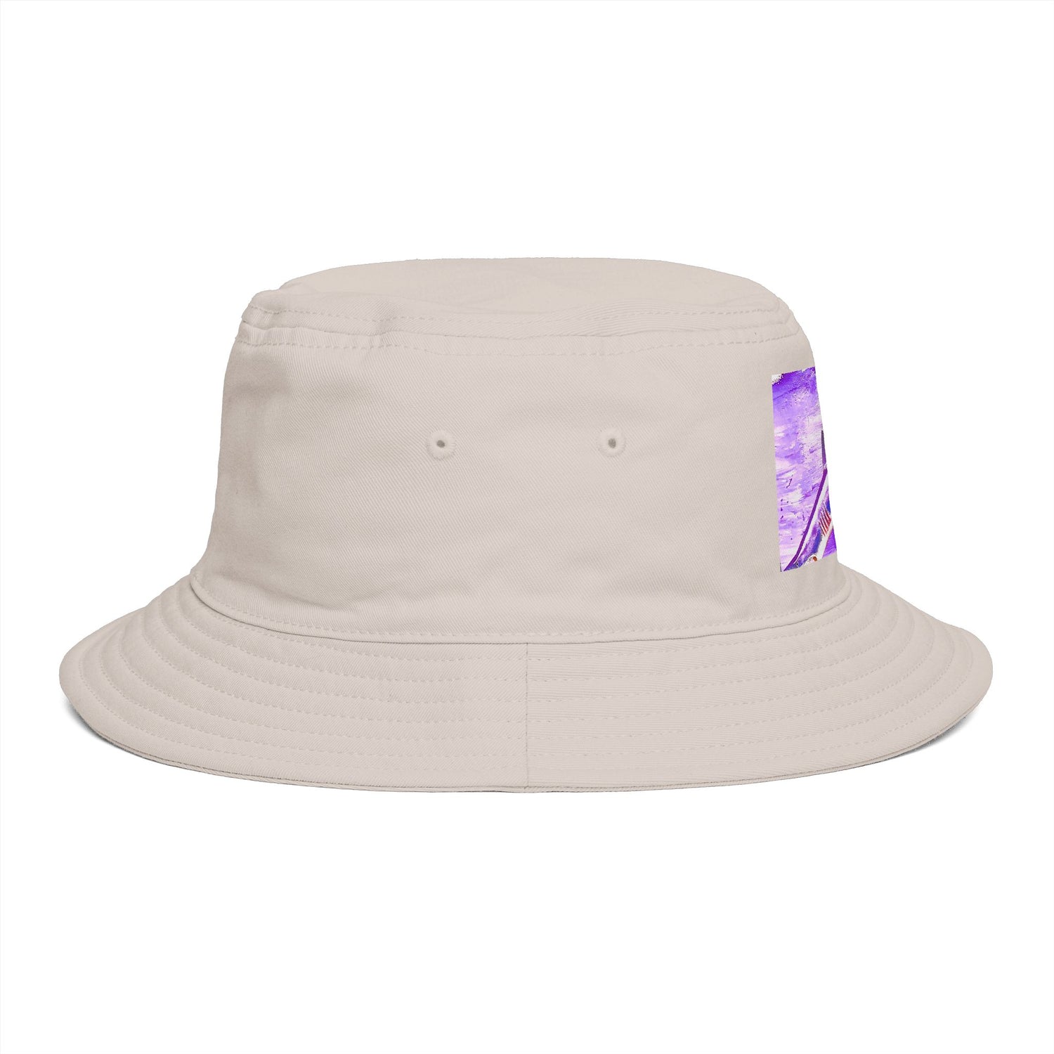 Design by Cazzo white bucket hat with a purple shark graphic.
