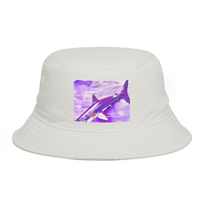 Design by Cazzo white bucket hat with a purple shark graphic.
