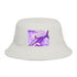 Design by Cazzo white bucket hat with a purple shark graphic.
