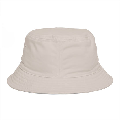 Design by Cazzo white bucket hat with a purple shark graphic.
