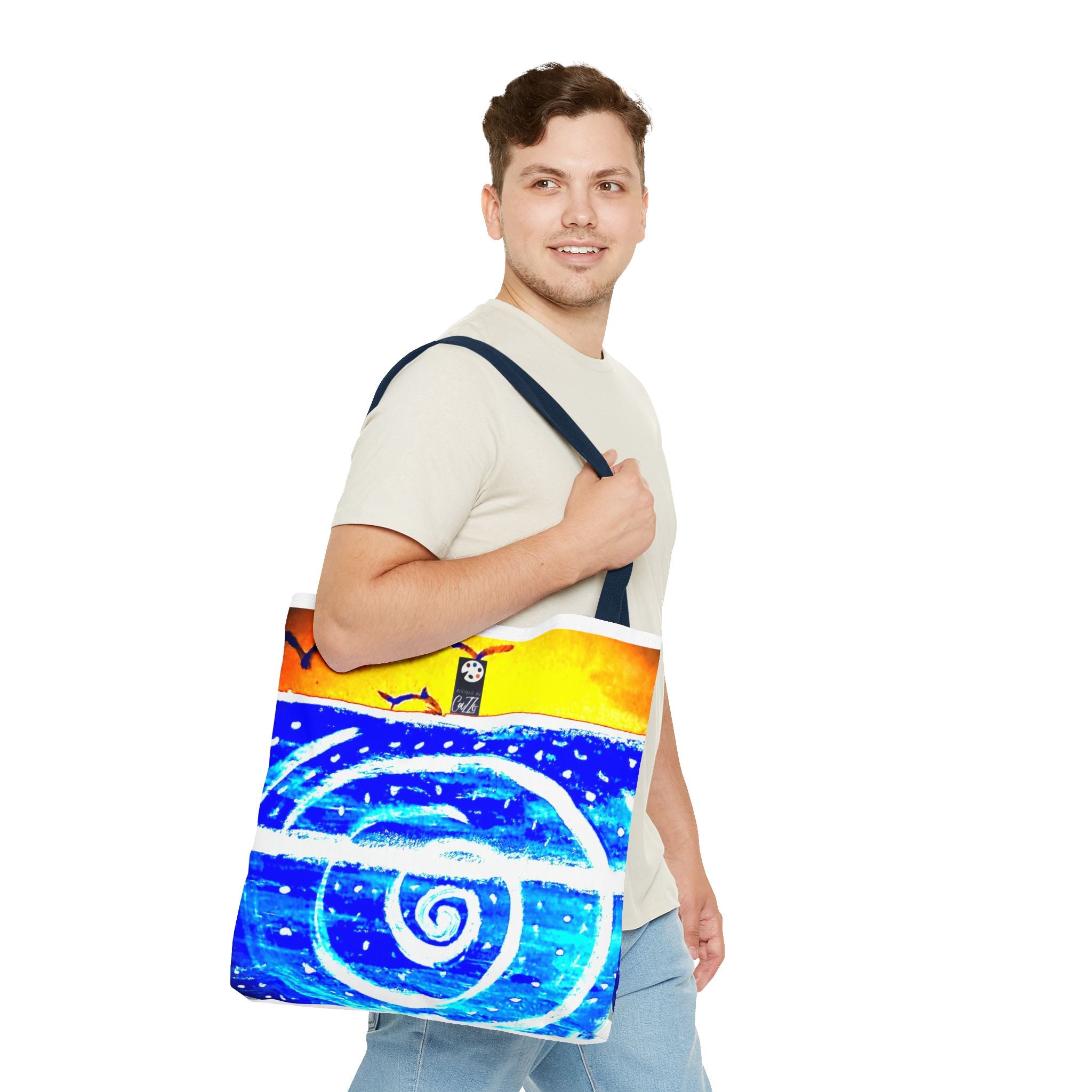 TOTE " HEAD ABOVE WATER"  is the title of this painting.  "CAZZO" of DESIGNSBYCAZZO uses his original artwork to decorate all types of products, in this case a tote bag. Very cool designs that are...