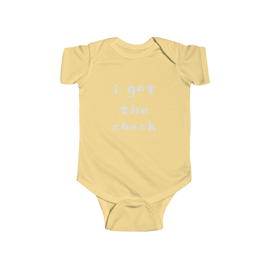 "BABY TALK TEES"  0.24 MONTHS  "I got the check" Baby Onesie