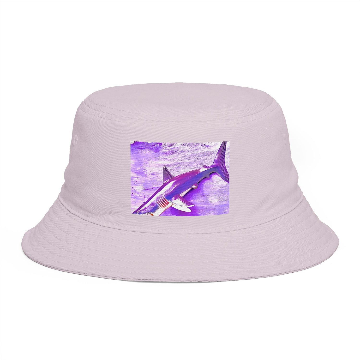 Design by Cazzo white bucket hat with a purple shark graphic.
