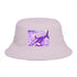 Design by Cazzo white bucket hat with a purple shark graphic.
