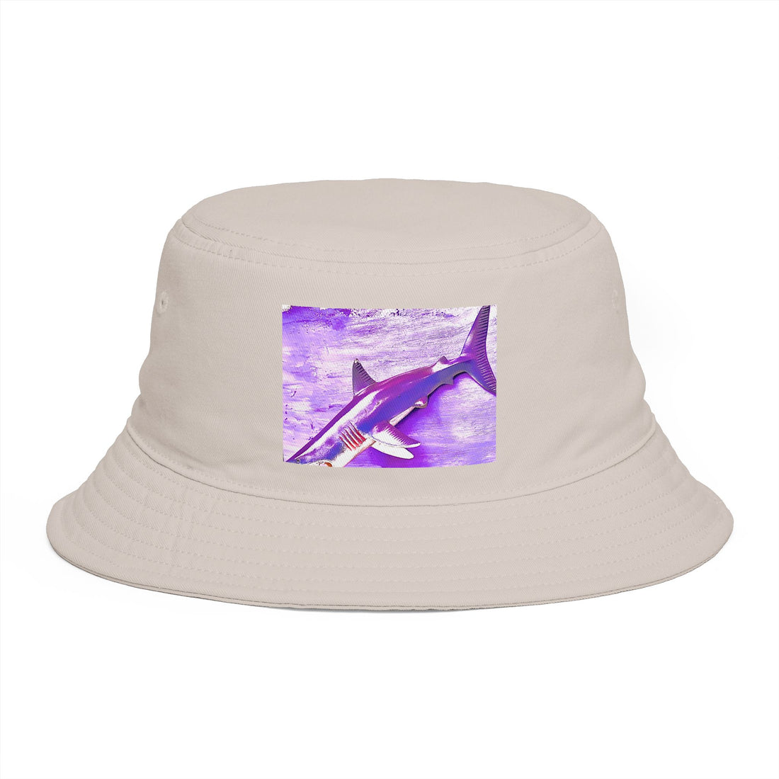 Design by Cazzo white bucket hat with a purple shark graphic.
