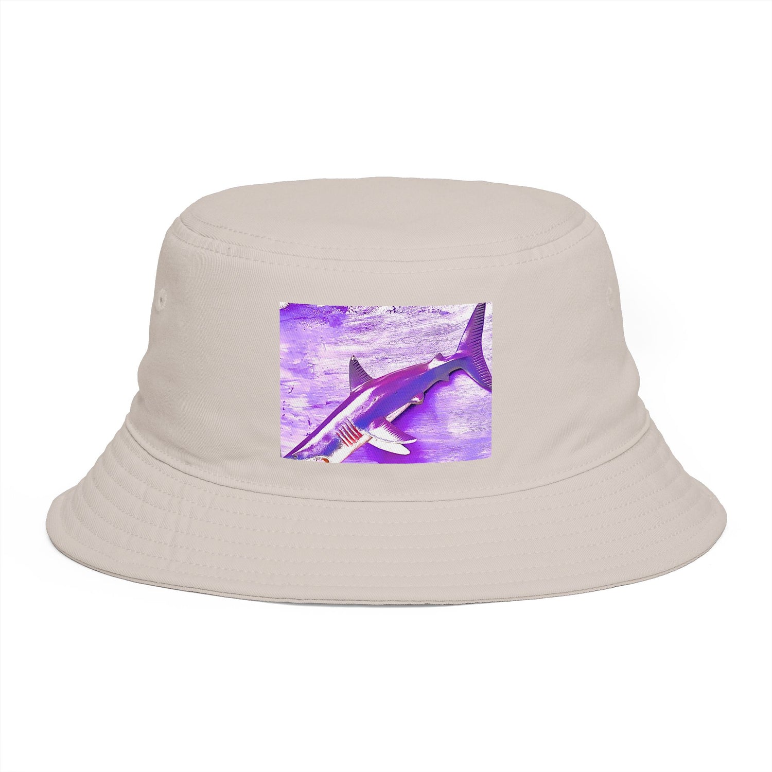 Design by Cazzo white bucket hat with a purple shark graphic.
