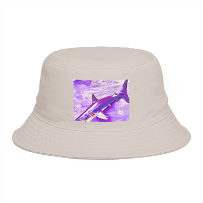Design by Cazzo white bucket hat with a purple shark graphic.
