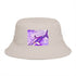 Design by Cazzo white bucket hat with a purple shark graphic.
